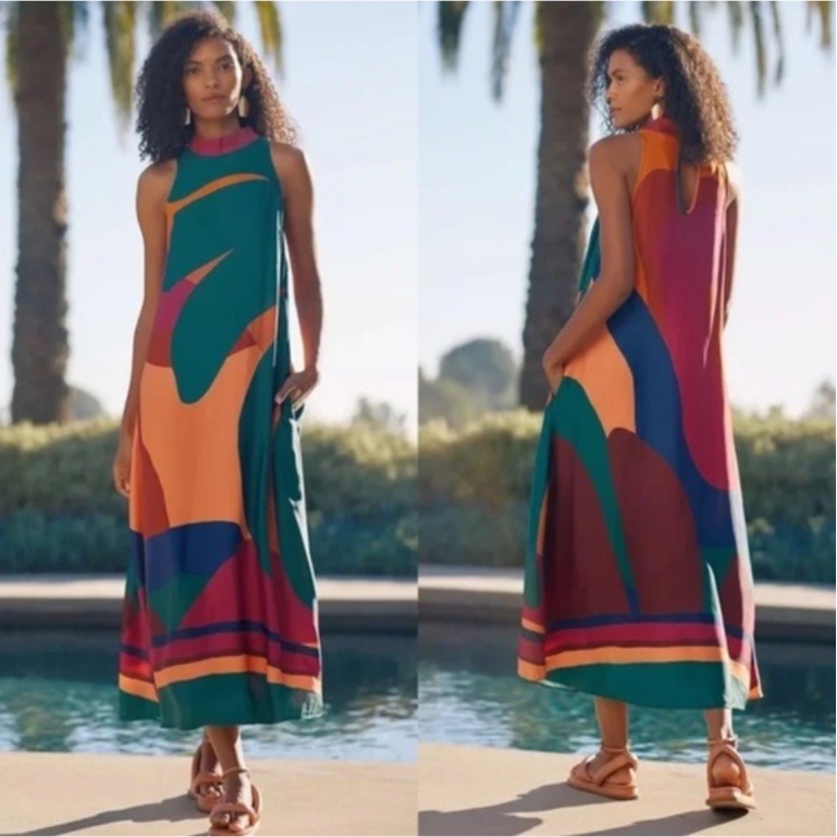 Farm Rio For Anthropologie Abstract Geometric High Neck Maxi Dress Xs Multicolor